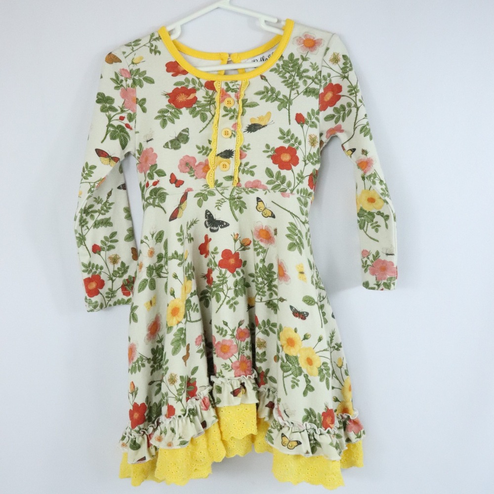 Bella & Omi Yellow Floral Butterfly Flower Bug AOP Ruffle Hem Dress Girls Sz 4